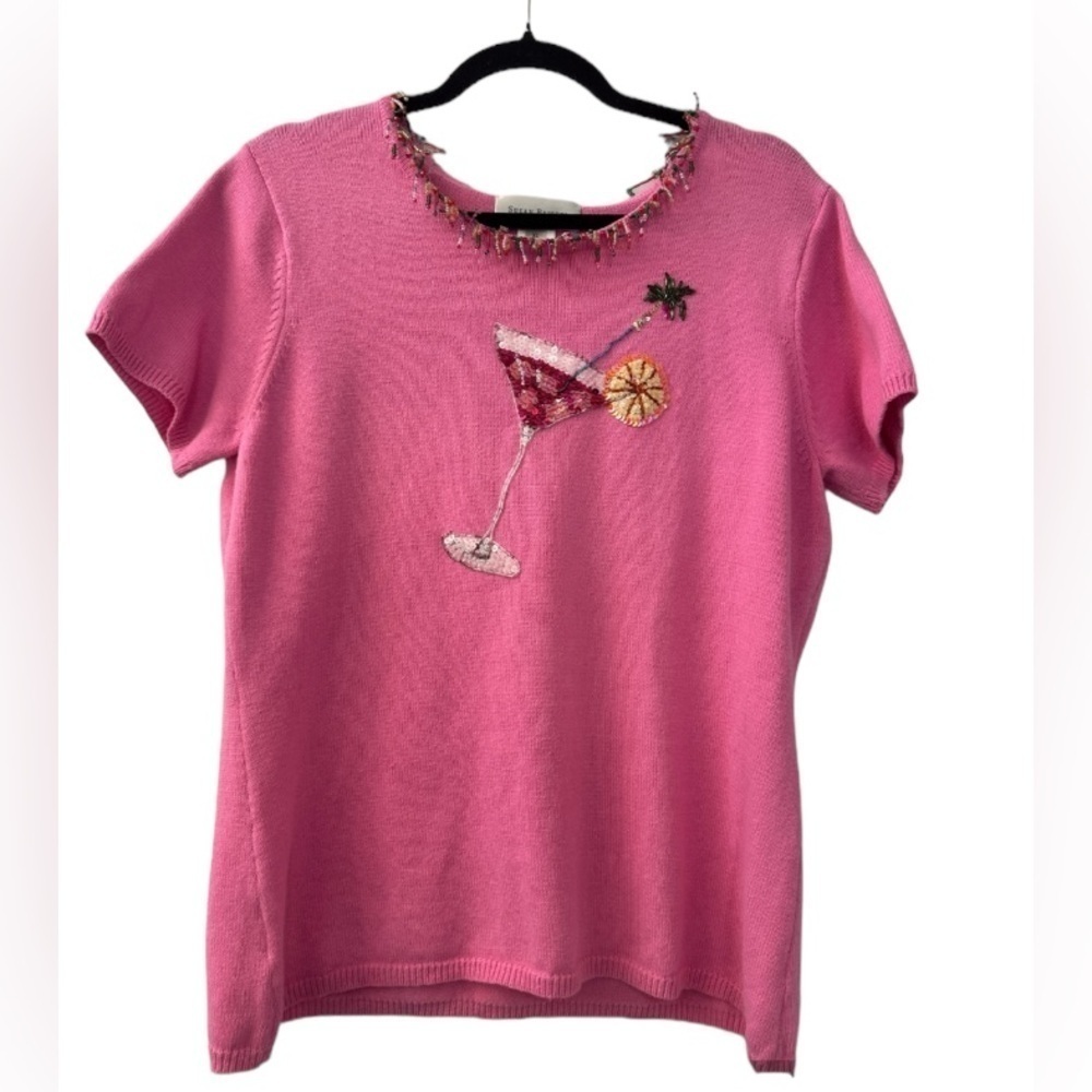 Susan Bristol Beaded Martini Sweater Pink Short Sleeve Fun Cocktail Knit Size XL